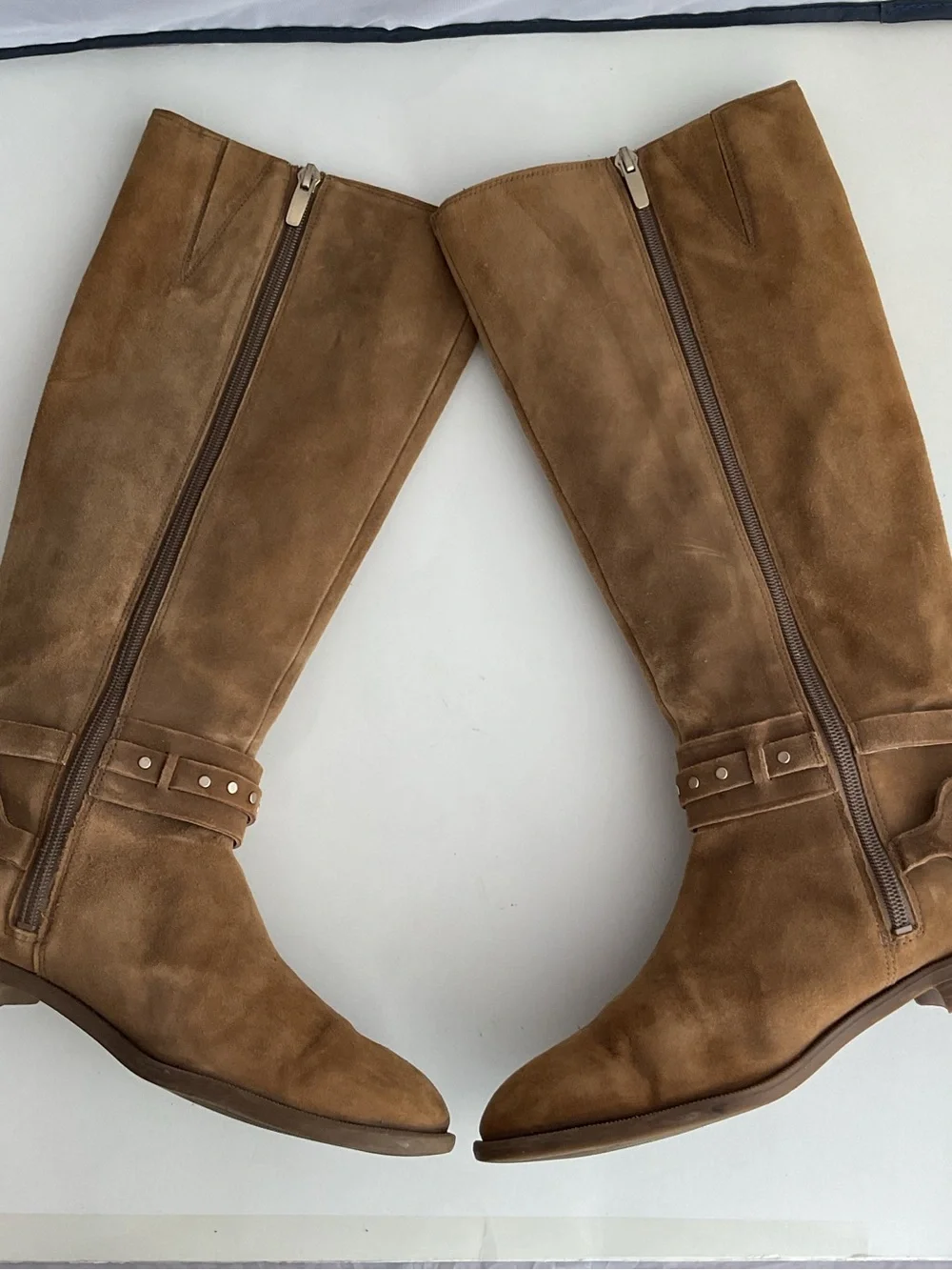 Nine West Luciana Tan Suede Studded Ankle Straps Riding Boots Women’s Size 6.5M